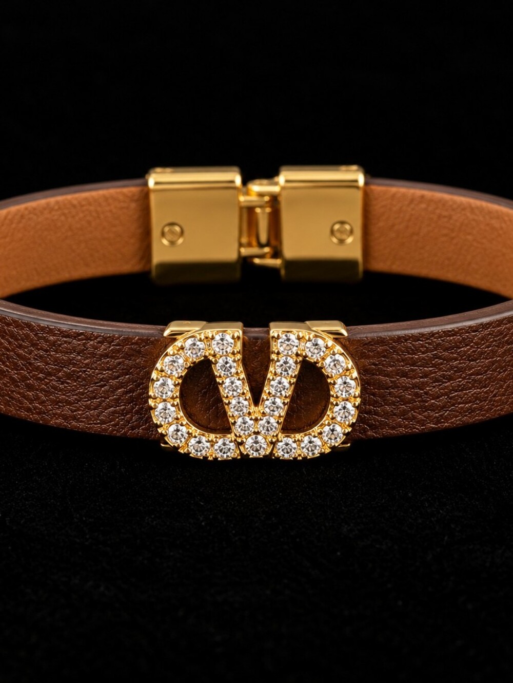 Brown Leather Bracelet with Crystal Double-Circle Accent